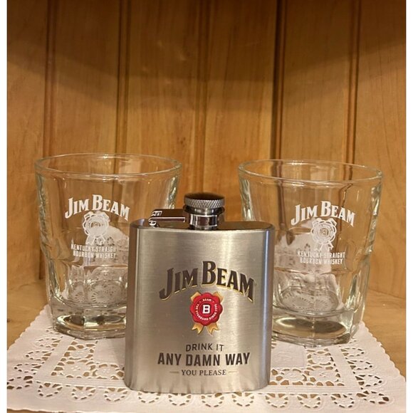 Jim Beam Stainless Steel Flask Engraved Logo Two Glass Tumblers Set - Picture 2 of 4